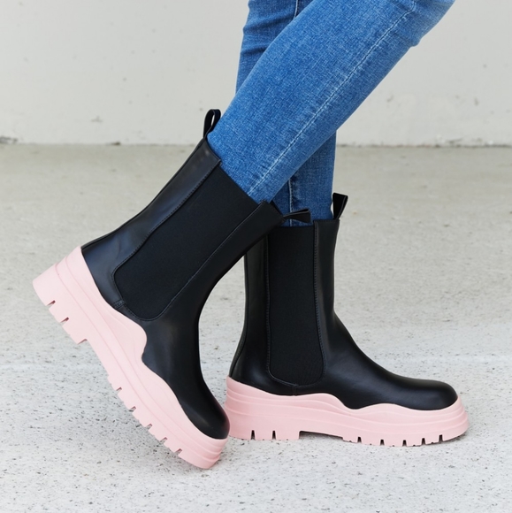 Two-Tone Faux Leather Booties in Pink - Picture 4 of 8